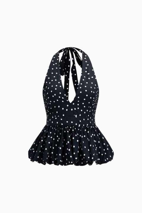 Black Polka Dot Halter Peplum Top