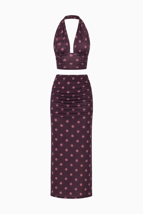 Mesh Polka Dot Halter Crop Top & Skirt Set