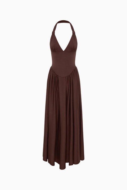 Brown Halterneck Scuba Maxi Dress
