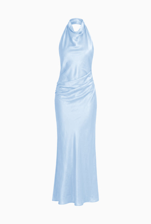 Light Blue Satin Halter Maxi Dress