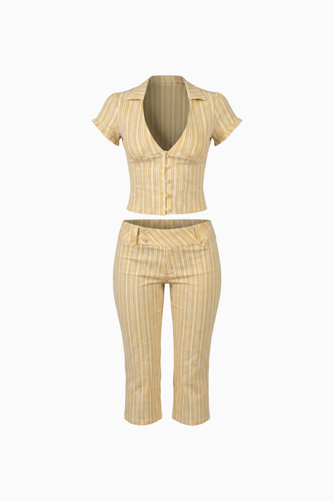 Yellow & White Striped Two-Piece Capri Set