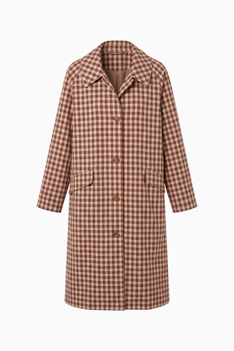 Brown and White Gingham Longline Trench Coat
