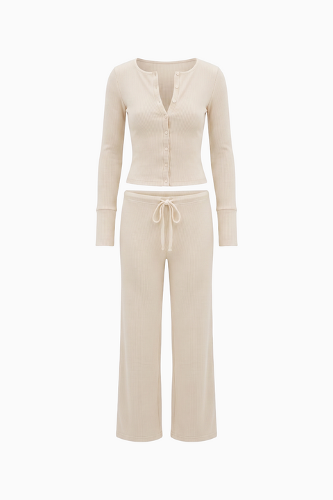 Ribbed Button-Up Top & Drawstring Wide-Leg Lounge Set