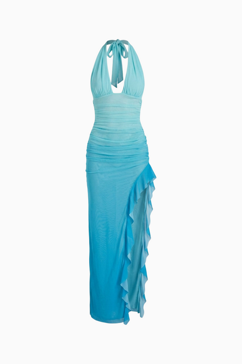 Light Blue Ruched Mesh Halter Maxi Dress