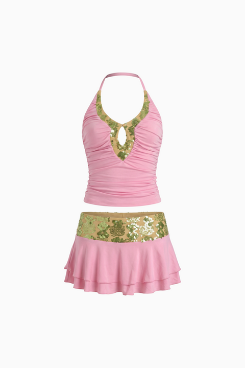 Pink & Green Sequin Halter Skirt Set