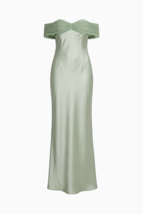 Sage Green Off-the-Shoulder Satin Maxi Dress