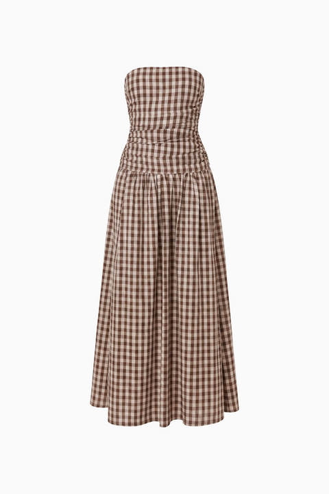 Brown Gingham Strapless Maxi Dress