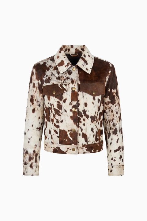 Bold Cow-Print Leather Trucker Jacket