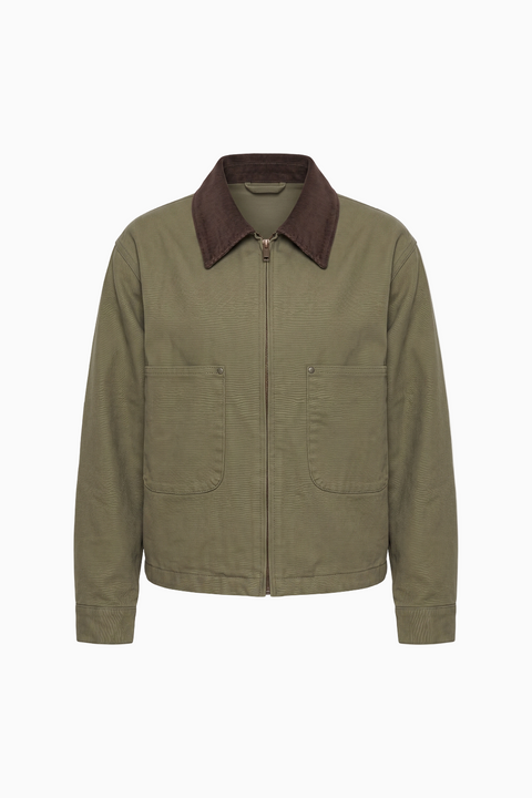 Corduroy-Collared Olive Work Jacket