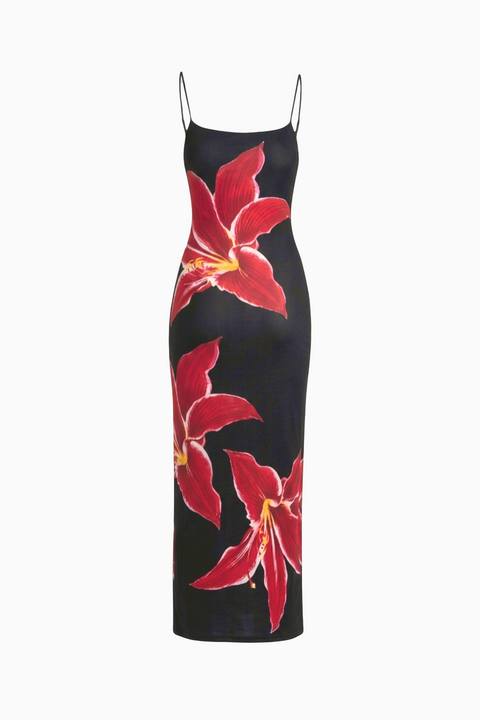 Black Base Red Floral Maxi Dress