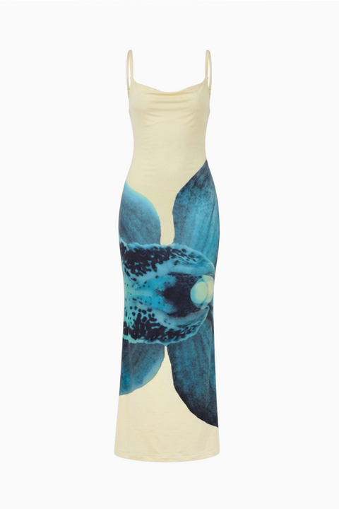 Blue Tropical Open-Back Maxi Dress