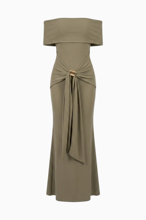 Olive Off-Shoulder Tie-Waist Maxi Dress