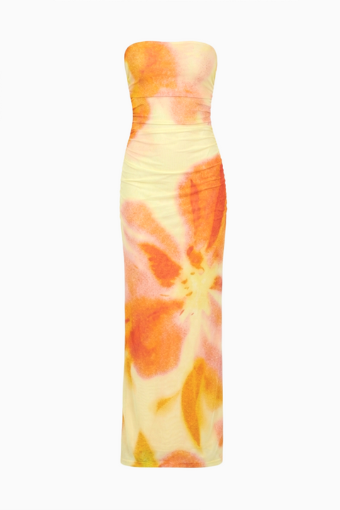 Yellow and Orange Floral Ruched Tube Maxi Dress