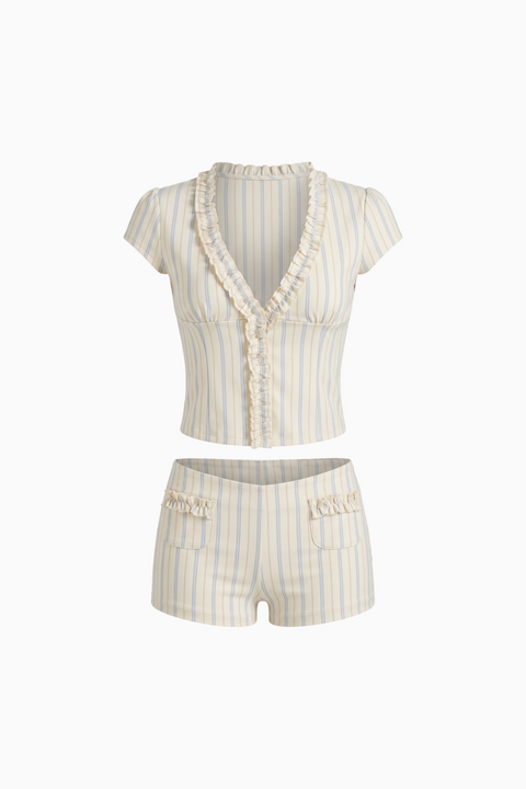 Cream Pinstripe Ruffle V-Neck Top and Matching Set