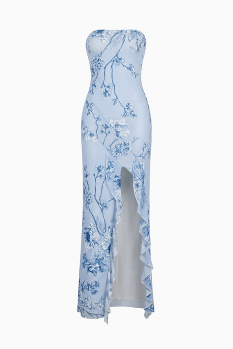 Blue Floral Thigh-Slit Maxi Dress