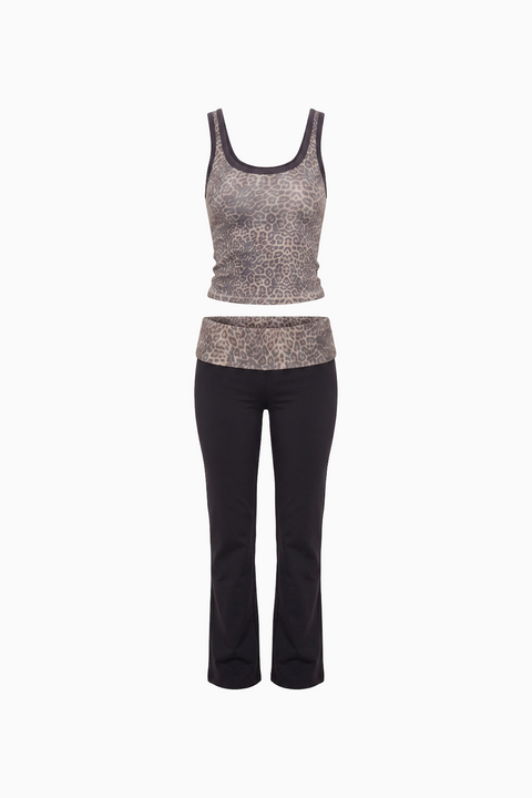Two-Piece Contrast Leopard Waistband Lounge Set