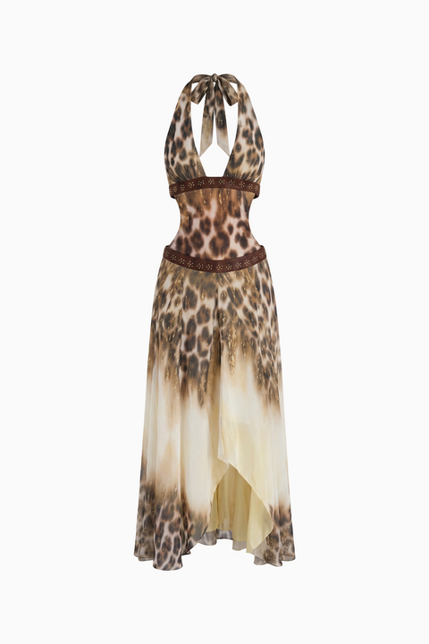 Leopard Print Halter Cutout Maxi Dress