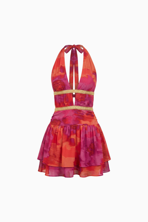 Vibrant Sunset Print Halter Cutout Mini Dress