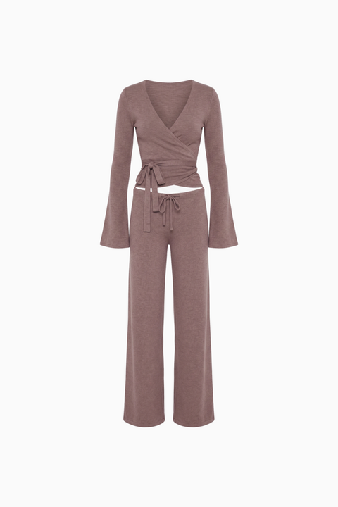Ribbed Knit Wrap Top & Wide-Leg Pants Lounge Set