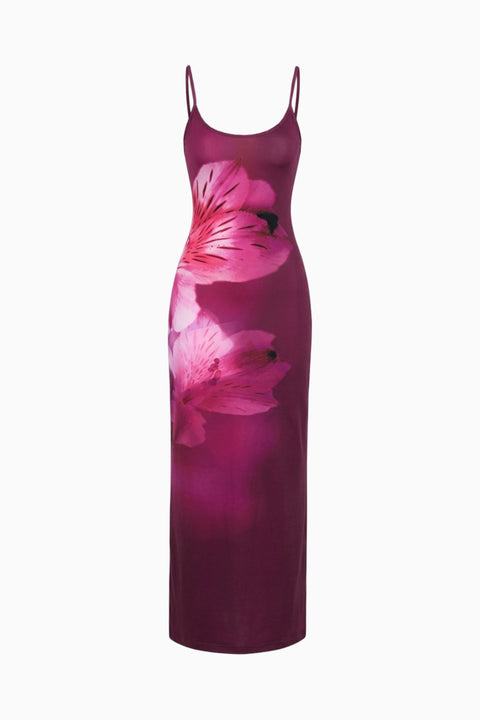 Magenta Lily Print Fitted Maxi Dress
