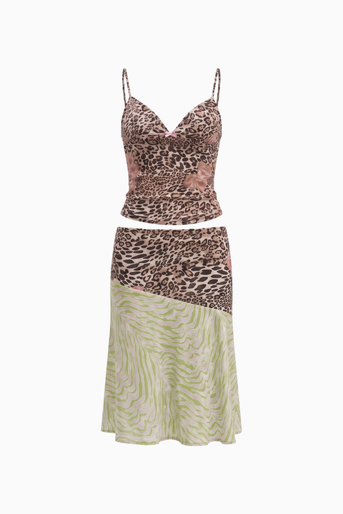 Two-Piece Leopard and Green Zebra Skirt Set