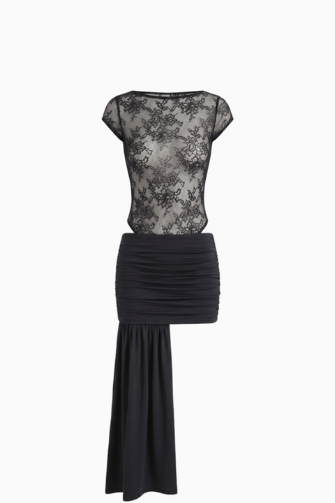 Black Sheer Lace Cap Sleeve Dress