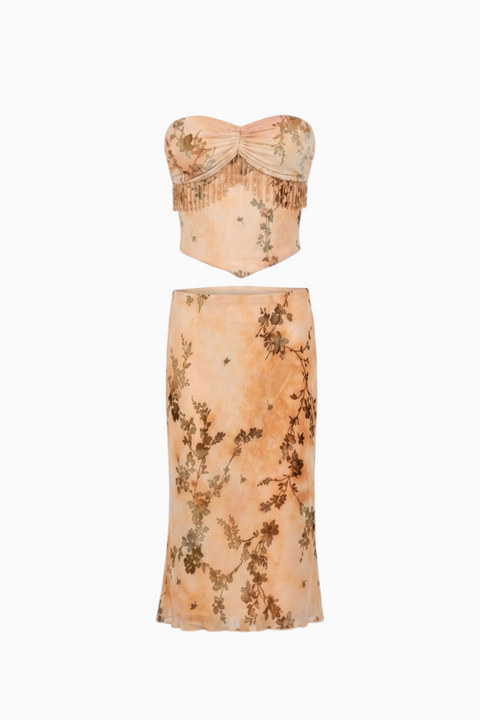 Peach Floral Fringe Two-Piece Midi Set