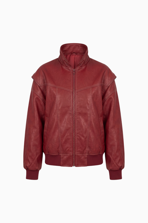 Oversized Crimson Contrast-Stitch Bomber Jacket