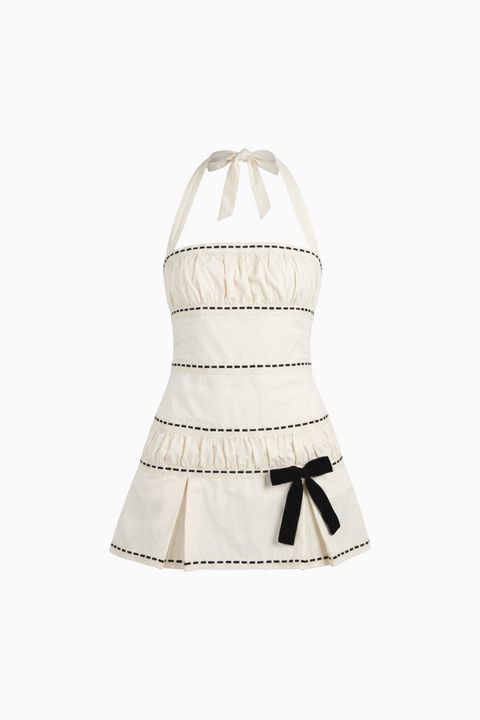 Ivory Bow-Trim Halter Mini Dress