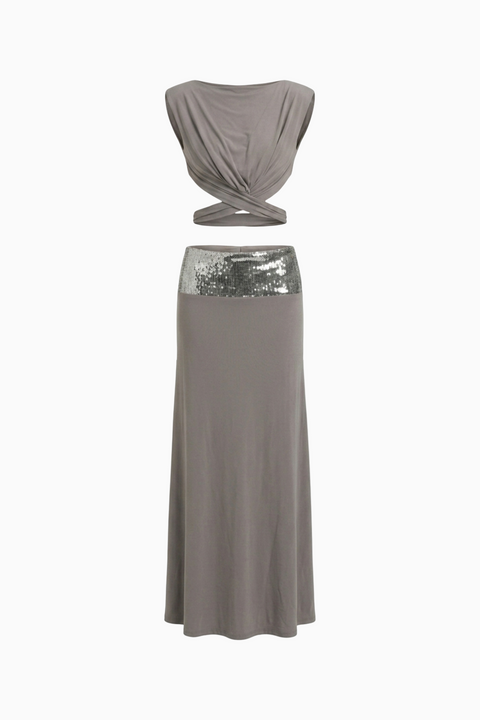 Taupe Top & Midi Skirt Set