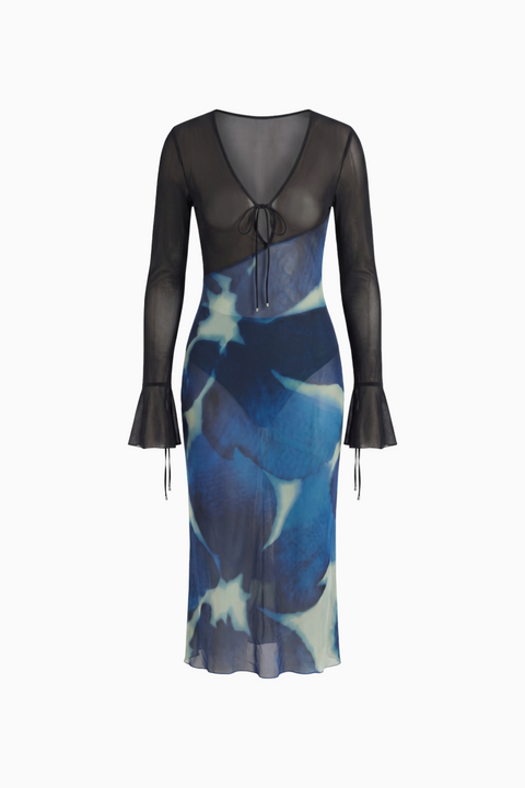 Blue Lagoon Floral Mesh Tie-Front Maxi Dress