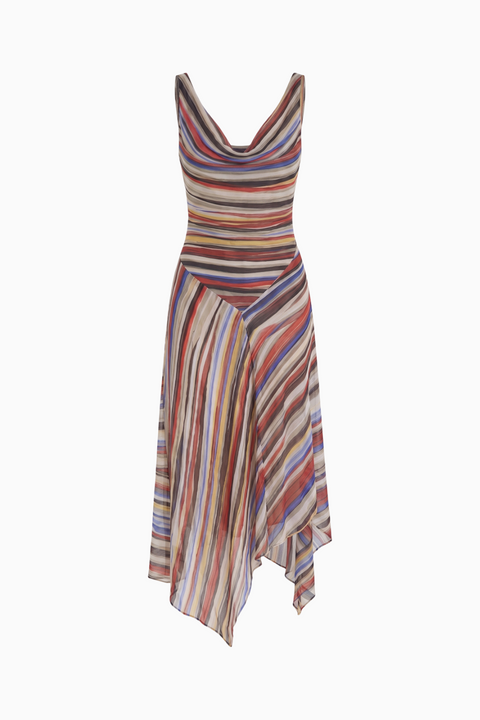 Multicolored Stripe Bias-Cut Midi Dress