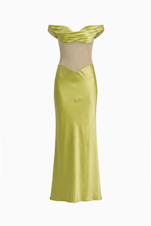 Lime Green Off-the-Shoulder Satin Maxi Dress