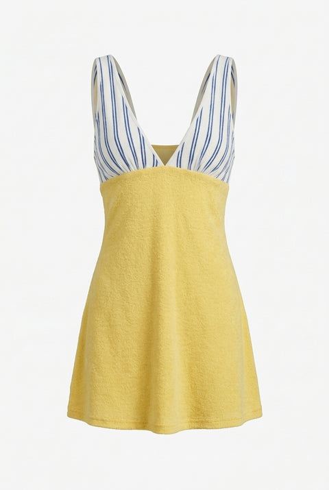 Striped & Yellow Patchwork Deep V-Neck Mini Dress