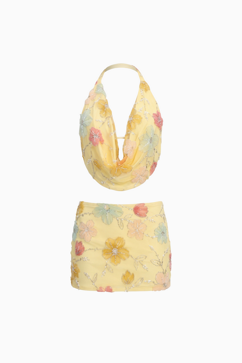 Yellow Floral Halter Bikini Set