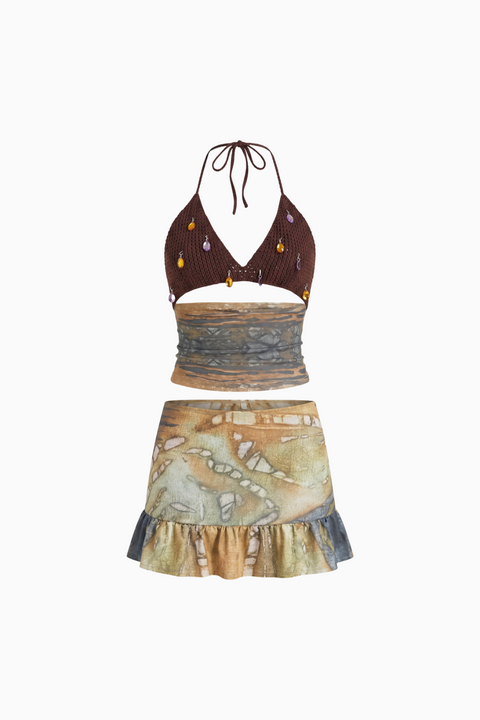 Embellished Crochet Halter & Abstract Mini Skirt Set