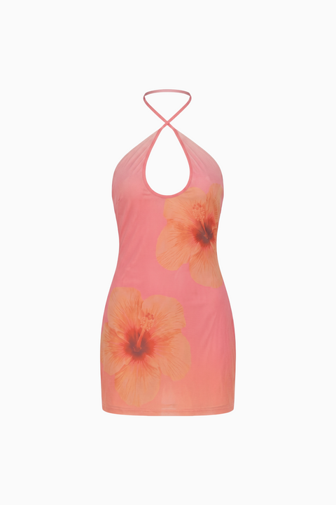 Pink Floral Cutout Halter Dress