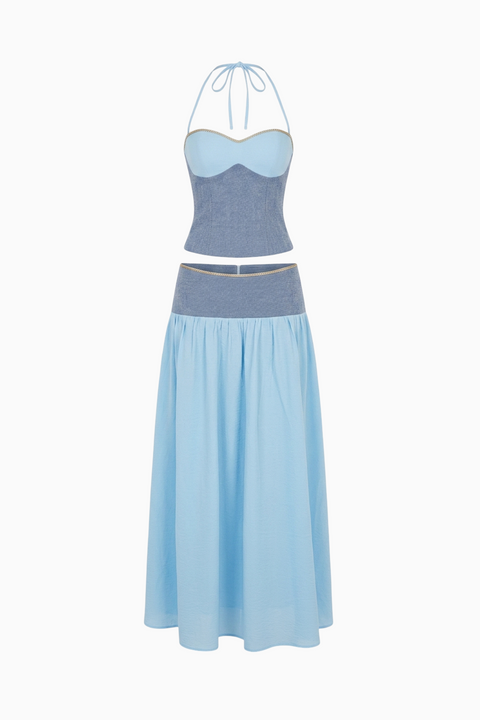 Sky Blue Halter Corset Top & Maxi Skirt Two-Piece Set