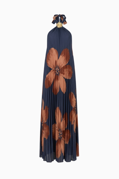 Navy Pleated Floral Halter Maxi Dress