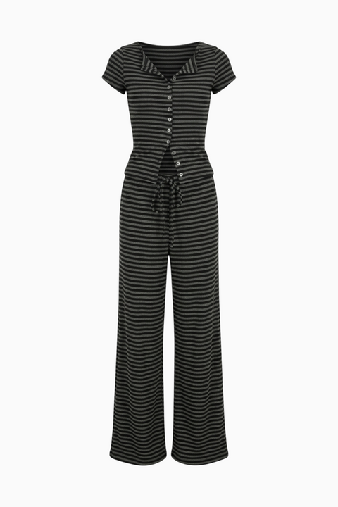 Charcoal Striped Button-Down Loungewear Set