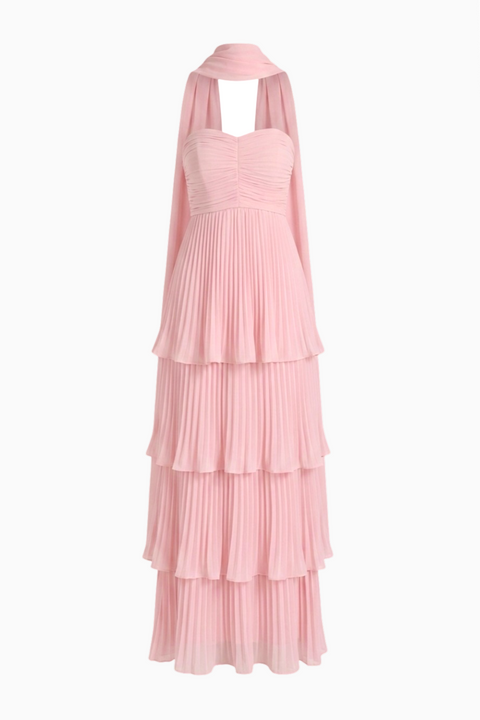 Blush Pink Strapless Tiered Pleated Maxi Dress