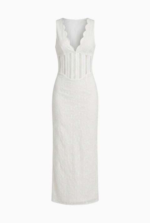 White Deep-V Structured Corset Maxi Dress