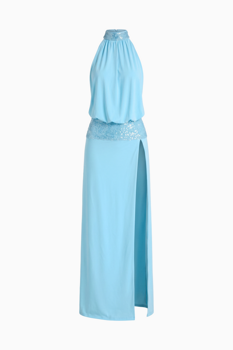 "Azure Glam" Sequin-Waist Halter Maxi Dress