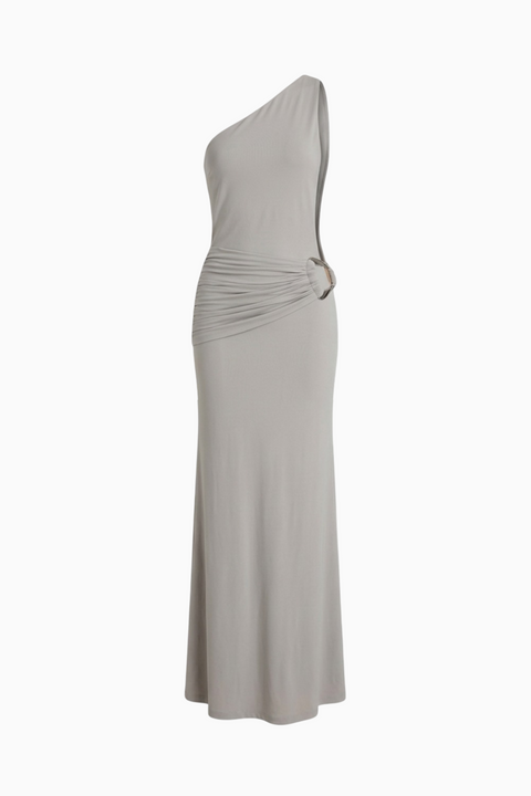 Asymmetrical Ruched Side-Buckle Maxi Dress