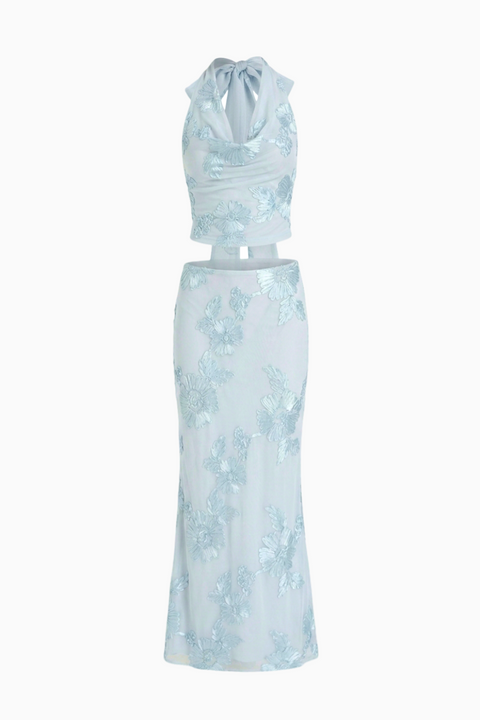 Baby Blue Floral Jacquard Two-Piece Maxi Set