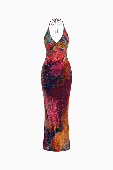 Abstract Psychedelic Mesh Halter Maxi Dress