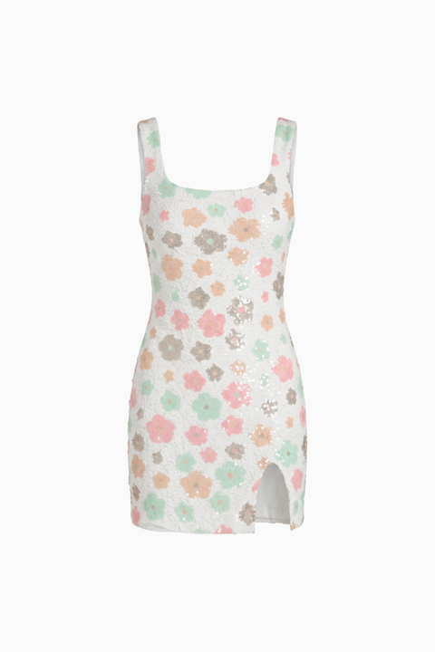 Scoop Neck Embellished Floral Short Dress