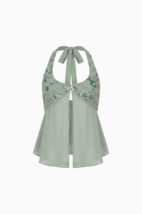 Sage Beaded Chiffon Flyaway Top
