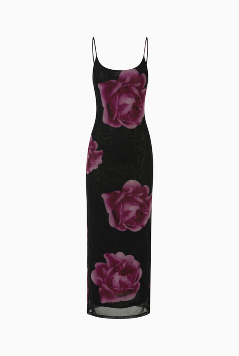 Black Deep Pink Rose Print Maxi Dress