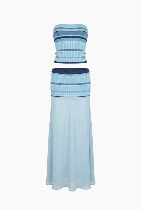 Blue Tonal Striped Knit & Chiffon Set